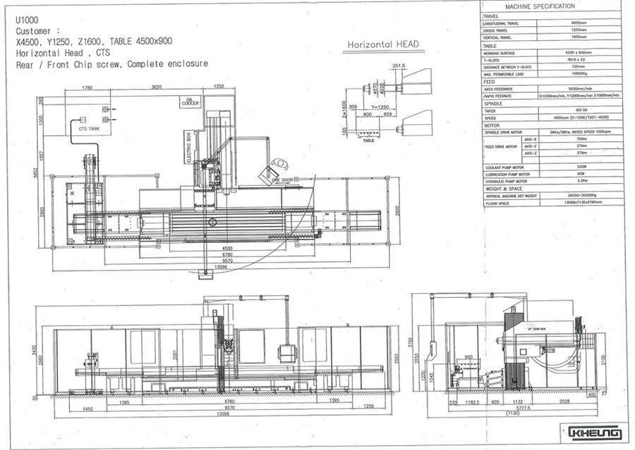 Kiheung U1000, X: 4500 - Y: 1250 - Z: 1600mm CNC