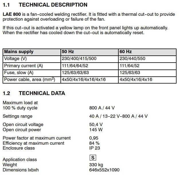 Esab LAE, 800 amp